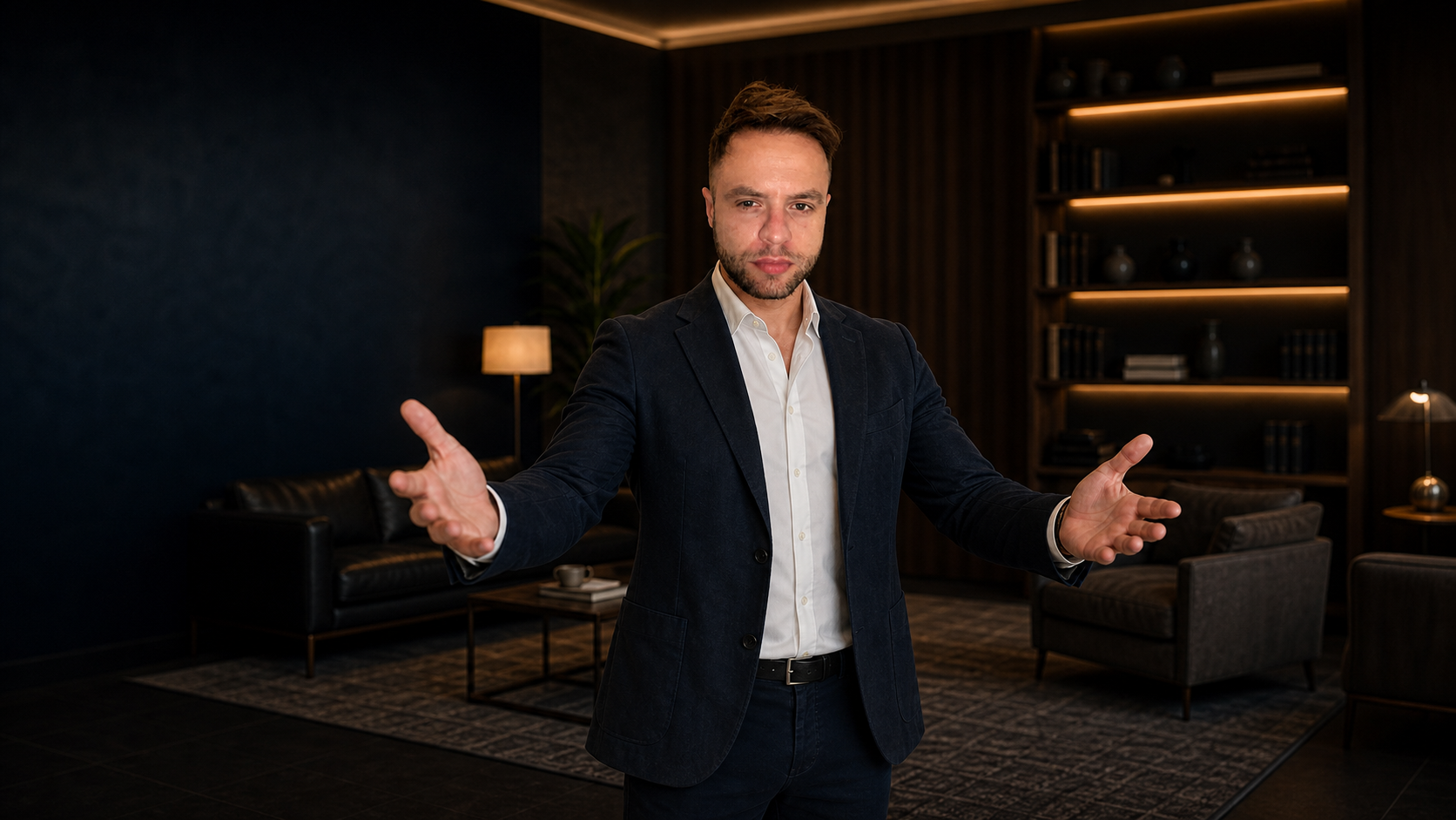 Damian Makuła w smart casualowym stroju w eleganckim klubowym wnętrzu z otwartymi ramionami